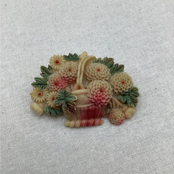 Vintage Floral Basket Celluloid Brooch Circa 1930 - Picture 1 of 3